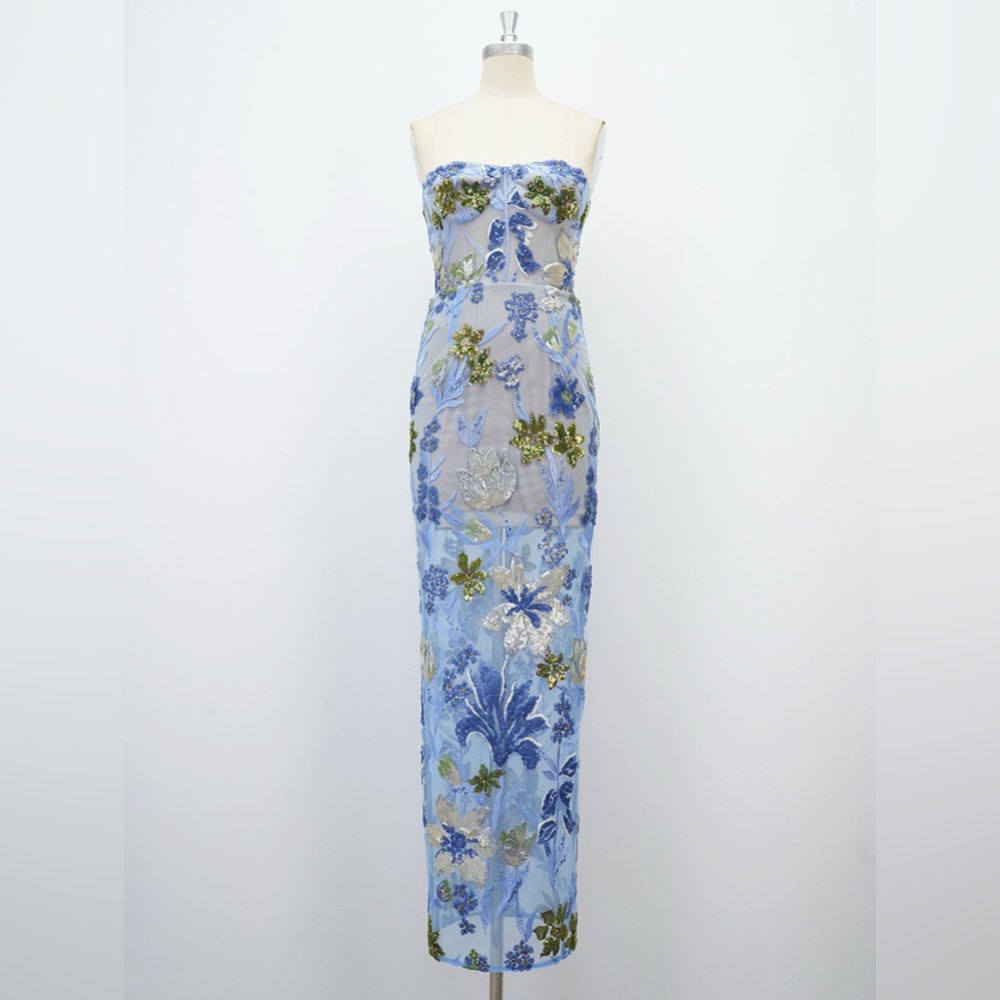 NWOT Bronx and Banco Dahlia Sequin Floral Column Gown IN Baby Blue - Picture 8 of 16